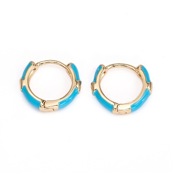Brass Micro Pave Clear Cubic Zirconia Huggie Hoop Earrings, with Enamel, Deep Sky Blue, 16x3mm, Pin: 1mm