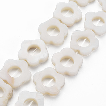 Freshwater Shell Beads Frames Strands, Dyed, Flower, White, 14.5~15x15~16x2.5mm, Hole: 1mm, about 23pcs/strand, 13.19 inch(35cm)