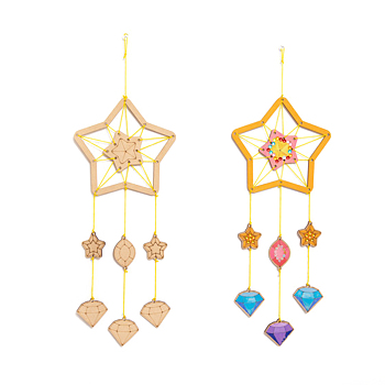 DIY Star Wind Chime Making Kits, Including 1Pc Wood Plates, 1 Card Cotton Thread and 1Pc Plastic Knitting Needles, for Children Painting Craft, Mixed Color, Thread & Needle: Random Color