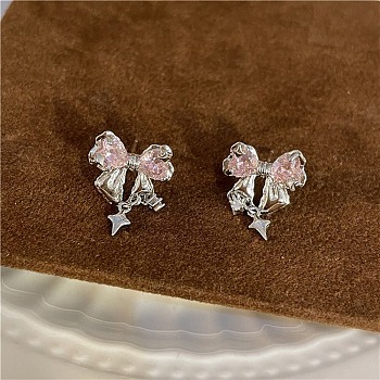 Brass Micro Pave Cubic Zirconia Stud Earring, Bowknot, Pink, 22mm