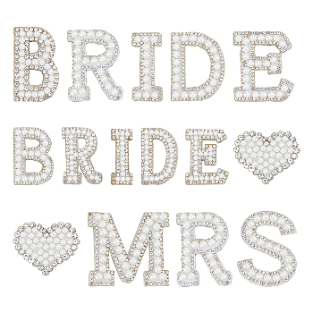 Plastic Imitation Pearl Beaded Iron on Appliques for Wedding, with Non-Woven Fabric, Heart & Word BRIDE & Letter.M/R/S, Mixed Color, 34x42x5mm