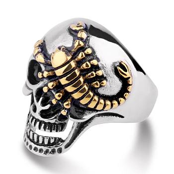 Two Tone 316L Surgical Stainless Steel Skull with Scorpion Finger Ring, Gothic Punk Jewelry for Men Women, Golden & Stainless Steel Color, US Size 11(20.6mm)