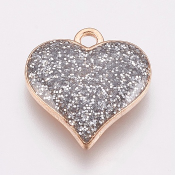 Zinc Alloy Enamel Pendants, with Glitter Sequin, Heart, Silver, 17x15.5x3mm, Hole: 1.5mm
