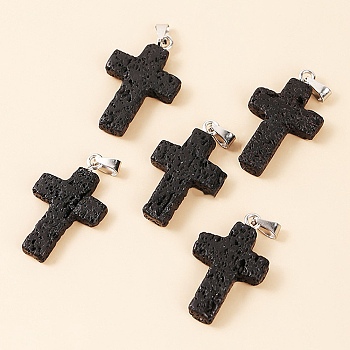 Natural Lava Rock Pendants, Religion Cross Charms with Platinum Tone Metal Snap on Bails, 25x18x4mm