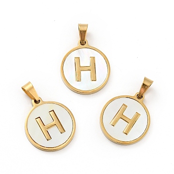 Vacuum Plating 304 Stainless Steel with White Shell Pendants, Golden, Flat Round with Letter Charm, Letter.H, 18x16x1.5mm, Hole: 3x6mm