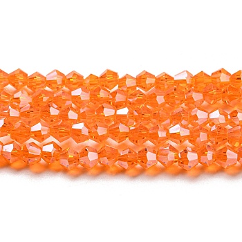 Transparent Electroplate Glass Beads Strands, Pearl Luster Plated, Faceted, Bicone, Orange Red, 6x6mm, Hole: 1mm, about 45~47pcs/strand, 9.65~9.84 inch(24.5~25cm)