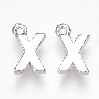 Brass Charms, Letter, Nickel Free, Real Platinum Plated, Letter.X, 8.5x5.5x1.5mm, Hole: 0.8mm