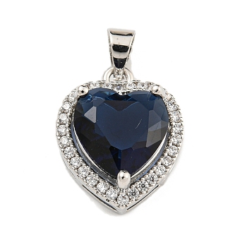 Rack Plating Brass Pendant, with Glass, Heart, Prussian Blue, 16.5x13.5x7mm, Hole: 4x3.5mm