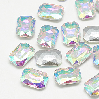 Pointed Back Glass Rhinestone Cabochons, Faceted, Rectangle Octagon, Crystal AB, 10x8x3.5mm