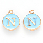 Golden Plated Alloy Enamel Charms, Cadmium Free & Lead Free, Enamelled Sequins, Flat Round, Sky Blue, Letter.N, 14x12x2mm, Hole: 1.5mm(ENAM-S118-04N)