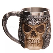 Halloween 304 Stainless Steel Skull Mug, Resin Skeleton Viking Beer Cup, for Home Decorations Birthday Gift, Stainless Steel Color, 150x140x105mm, Inner Diameter: 78mm, Capacity: 450ml(SKUL-PW0001-022)