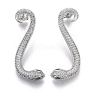 Brass Micro Pave Cubic Zirconia Stud Dangle Earrings, with Earring Backs, Nickel Free, Snake, Real Platinum Plated, 37x15x4mm, Pin: 0.7mm(EJEW-R114-005P-NF)