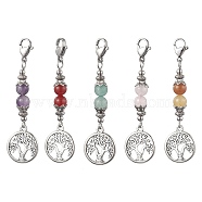 Alloy Tree of Life & Round Natural Gemstone Pendant Decoration, with 304 Stainless Steel Lobster Claw Clasps, Antique Silver & Platinum, 60.5mm, 5pcs/set(HJEW-JM02021-S)