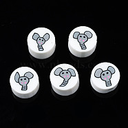 Handmade Polymer Clay Beads, for DIY Jewelry Crafts Supplies, Flat Round with Elephant, White, 9~9.5x3.5~5mm, Hole: 1.6mm(CLAY-N008-036K)