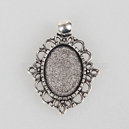 Tibetan Style Alloy Pendant Cabochon Settings, Cadmium Free & Lead Free, Oval, Antique Silver, Tray: 13x18mm, 33x24x2mm, Hole: 4mm(X-TIBEP-N003-31AS)