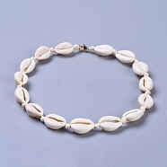 Cowrie Shell Beaded Necklaces, with Brass Lobster Claw Clasps and Eco-Friendly Korean Waxed Polyester Cord, Real 18K Gold Plated, Seashell Color, 15 inch(38cm)(X-NJEW-JN02397-01)