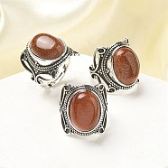 Synthetic Goldstone Adjustable Rings, Lead Free & Cadmium Free, Antique Silver Plated Brass Finger Rings for Women, Oval, 20.5mm, Inner Diameter: 17mm(RJEW-I108-02AS-01)