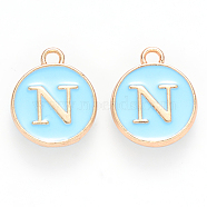 Golden Plated Alloy Enamel Charms, Cadmium Free & Lead Free, Enamelled Sequins, Flat Round, Sky Blue, Letter.N, 14x12x2mm, Hole: 1.5mm(ENAM-S118-04N)