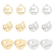 Unicraftale 12Pcs 6 Style 304 Stainless Steel Pendants, Mixed Shapes, for Mother's Day, Flat Round & Heart, Golden & Stainless Steel Color, 17.5~19x15.5~20x1~1.5mm, Hole: 1.4~1.6mm, 2pcs/style(STAS-UN0039-83)
