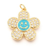 Brass Micro Pave Clear Cubic Zirconia Pendants, with Enamel and Jump Rings, Long-Lasting Plated, Flower with Smiling Face, Real 18K Gold Plated, Dark Turquoise, 24x22x3mm, Hole: 3mm(X-KK-I683-05C)