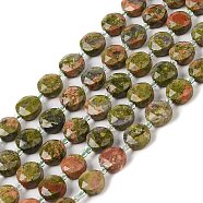 Natural Unakite Bead Strands, Faceted, Flat Round, 10~10.5x10.5~11x5.5~6mm, Hole: 1mm, about 29pcs/strand, 14.76 inch(37.5cm)(G-C116-A04-01)