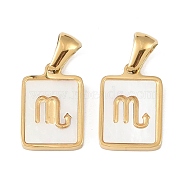 Constellations Natural White Shell Pendants, Ion Plating(IP) 304 Stainless Steel Rectangle Charms, Real 18K Gold Plated, Scorpio, 16x10.5x1.5mm, Hole: 5x3mm(STAS-M338-01K-G)