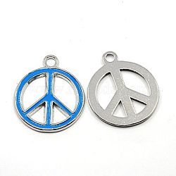 Alloy Enamel Pendants, Lead Free and Cadmium Free, Peace Sign, Platinum Metal Color, Sky Blue, 29x24.5x2mm, Hole: 3mm(ENAM-P066-2)