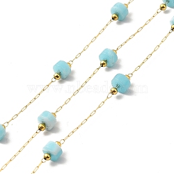 Ion Plating(IP) 316 Surgical Stainless Steel Paperclip Chains, with Imitation Larimar Column Beads, Soldered, Real 18K Gold Plated, with Spool, Link: 2.5x1x0.3mm(CHS-I019-12C)