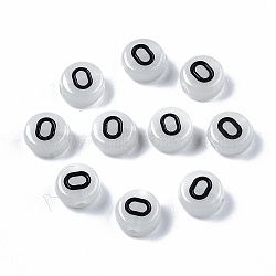 Acrylic Beads, with Enamel and Luminous, Horizontal Hole, Flat Round with Black Letter, Glow in the Dark, Light Grey, Letter.O, 7x3.5mm, Hole: 1.5mm, about 3600~3700pcs/500g(SACR-S273-29O)