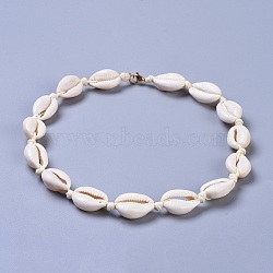 Cowrie Shell Beaded Necklaces, with Brass Lobster Claw Clasps and Eco-Friendly Korean Waxed Polyester Cord, Real 18K Gold Plated, Seashell Color, 15 inch(38cm)(X-NJEW-JN02397-01)