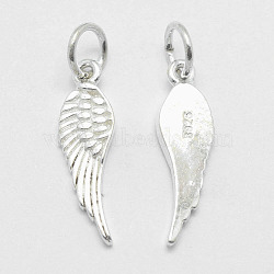925 Sterling Silver Pendants, Wing, Carved with 925, Silver, 20.5x6x1.5mm, Hole: 4mm(STER-K170-06S)
