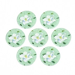 Transparent Printed Acrylic Pendants, with Glitter Powder, Flat Round with Flower, Pale Green, 37.5x2mm, Hole: 1.5mm(TACR-S135-038)