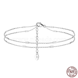 Rhodium Plated 925 Sterling Silver Double Layered Cable Chain Anklet with Beads, Women's Jewelry for Summer Beach, with S925 Stamp, Real Platinum Plated, 8-1/4 inch(21cm)(AJEW-F162-006P)