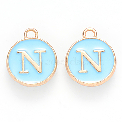 Golden Plated Alloy Enamel Charms, Cadmium Free & Lead Free, Enamelled Sequins, Flat Round, Sky Blue, Letter.N, 14x12x2mm, Hole: 1.5mm(ENAM-S118-04N)