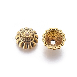 Tibetan Style Alloy Bead Caps, Lead Free & Cadmium Free, Antique Golden Color, about 10mm in diameter, 5.5mm thick, hole: 1.5mm(X-GLF9305Y)