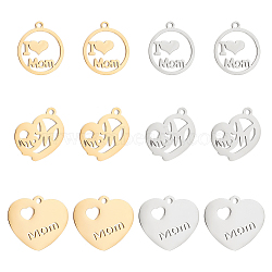 12Pcs 6 Style 304 Stainless Steel Pendants, Mixed Shapes, for Mother's Day, Flat Round & Heart, Golden & Stainless Steel Color, 17.5~19x15.5~20x1~1.5mm, Hole: 1.4~1.6mm, 2pcs/style(STAS-UN0039-83)