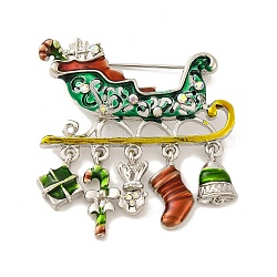 Christmas Theme Sleigh Enamel Pins, Alloy Rhinestone Brooches for Backpack Clothes, Platinum, 40x40x3mm(JEWB-M043-13P-04)