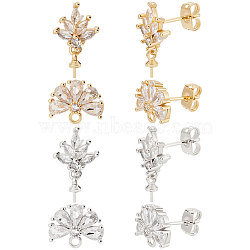 4 Pairs 4 Style Brass Cubic Zirconia Flower Stud Earring Findings, with Cup Pearl Peg Bails & Horizontal Loops & 8Pcs Ear Nuts, Platinum & Golden, 15mm, Pin: 0.7mm, 1 Pair/style(EJEW-BBC0001-14)