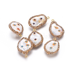 Natural Cultured Freshwater Pearl Pendants, with Polymer Clay Rhinestone, Synthesis Gemstone and Brass Finding, Teardrop, Golden, Golden, 26.5~32.5x19~22.5x6.5~11.5mm, Hole: 1.5mm(RB-K057-H01)