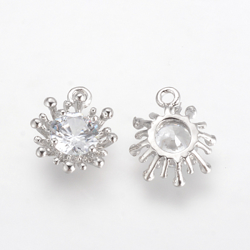 Alloy Cubic Zirconia Charms, Flower, Platinum, 14.5x12x4mm, Hole: 1.5mm