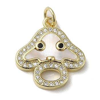 Brass Micro Pave Cubic Zirconia Pendants, with Shell, Mushroom, Real 18K Gold Plated, 19.5x18x3.5mm, Hole: 3.4mm