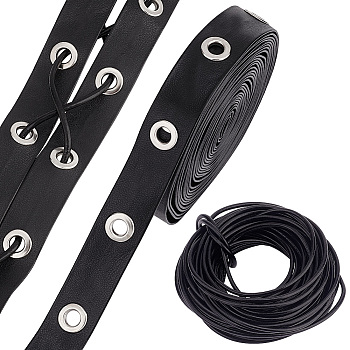 Elite 2 Styles Flat Imitation Leather & Cowhide Leather Cords, Garment Accessories, Black, 20x2~3mm