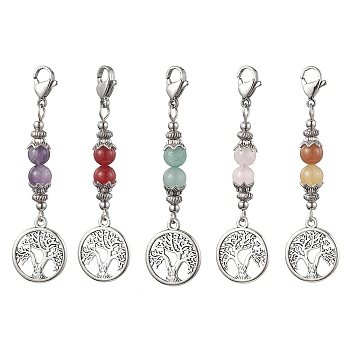 Alloy Tree of Life & Round Natural Gemstone Pendant Decoration, with 304 Stainless Steel Lobster Claw Clasps, Antique Silver & Platinum, 60.5mm, 5pcs/set