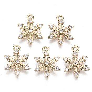 Brass Micro Pave Cubic Zirconia Charms for Christmas, Long-Lasting Plated, Snowflake, Light Gold, Clear, 14x10.5x2mm, Hole: 1mm