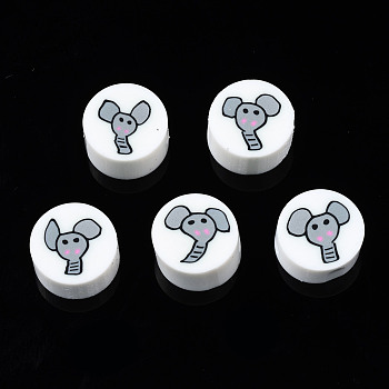 Handmade Polymer Clay Beads, for DIY Jewelry Crafts Supplies, Flat Round with Elephant, White, 9~9.5x3.5~5mm, Hole: 1.6mm