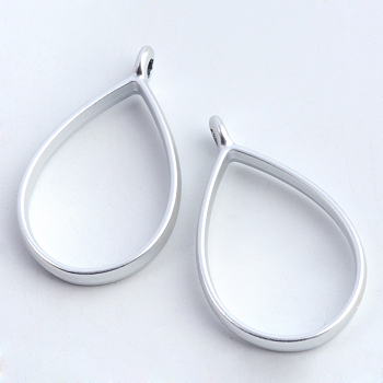 Rack Plating Alloy teardrop, Open Back Bezel Pendants, For DIY UV Resin, Epoxy Resin, Pressed Flower Jewelry, Hollow, Cadmium Free & Nickel Free & Lead Free, Matte Silver, 33.9x20.5x3.8mm, Hole: 2.8mm