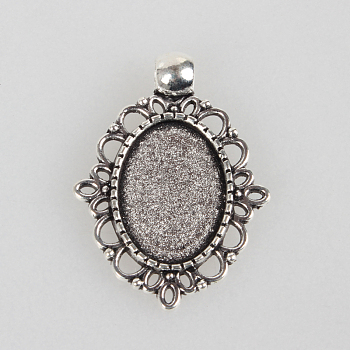 Tibetan Style Alloy Pendant Cabochon Settings, Cadmium Free & Lead Free, Oval, Antique Silver, Tray: 13x18mm, 33x24x2mm, Hole: 4mm