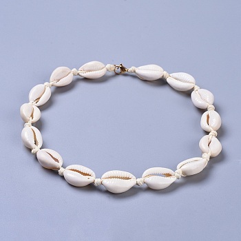 Cowrie Shell Beaded Necklaces, with Brass Lobster Claw Clasps and Eco-Friendly Korean Waxed Polyester Cord, Real 18K Gold Plated, Seashell Color, 15 inch(38cm)