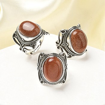 Synthetic Goldstone Adjustable Rings, Lead Free & Cadmium Free, Antique Silver Plated Brass Finger Rings for Women, Oval, 20.5mm, Inner Diameter: 17mm