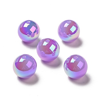 UV Plating Opaque Rainbow Iridescent Acrylic Beads, Round, Medium Purple, 15~16x15mm, Hole: 2mm